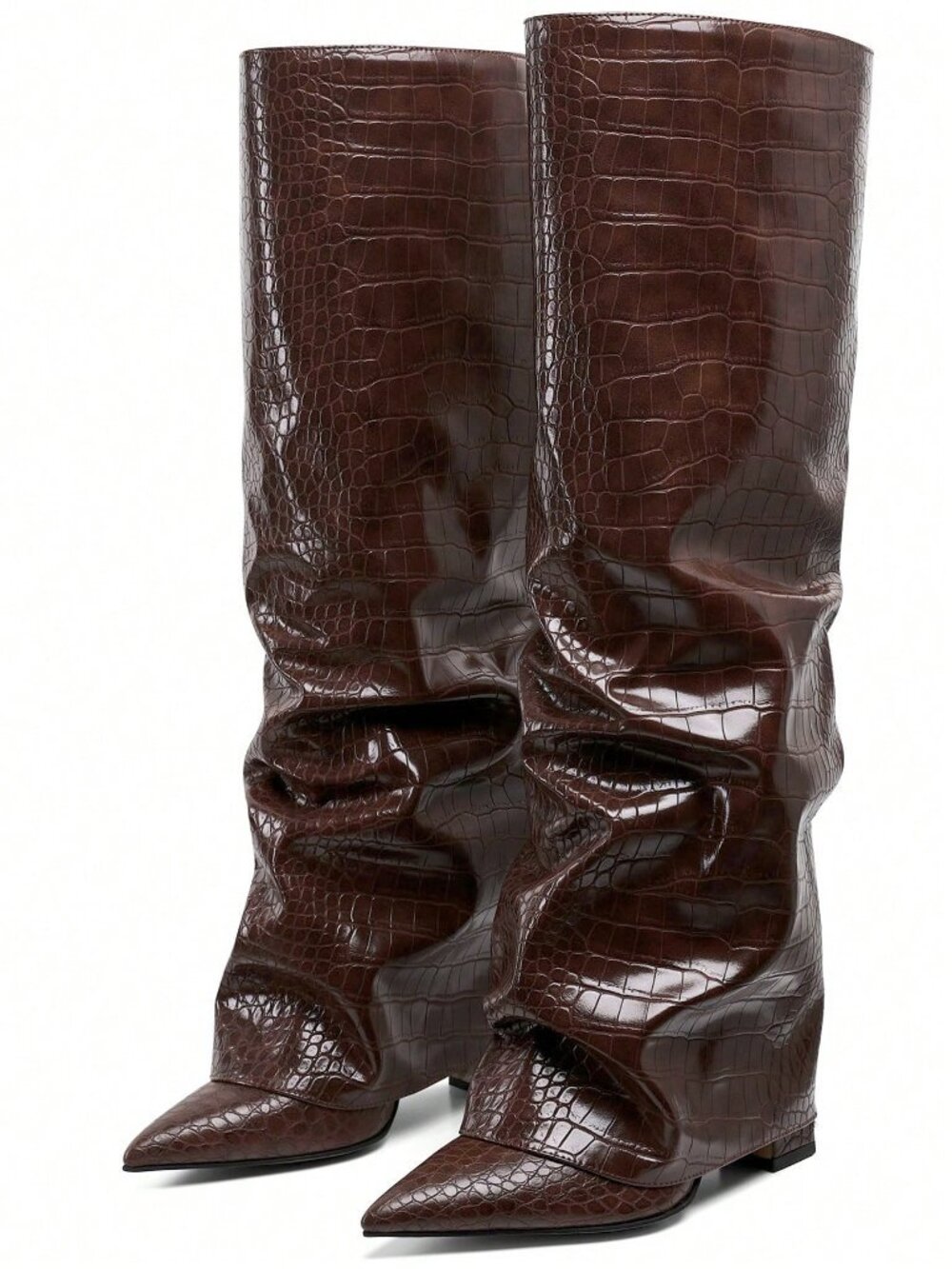 Brown Texture Punk Women's Knee High Fold Over Slouchy Chunky High Heels boots - Picture 7 of 11